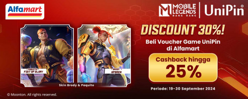 Top Up MLBB Pakai Voucher UniPin dari Alfamart, Cashback hingga 25% UniPin Credits + Discount 30% Skin Terbaru Brody dan Paquito!